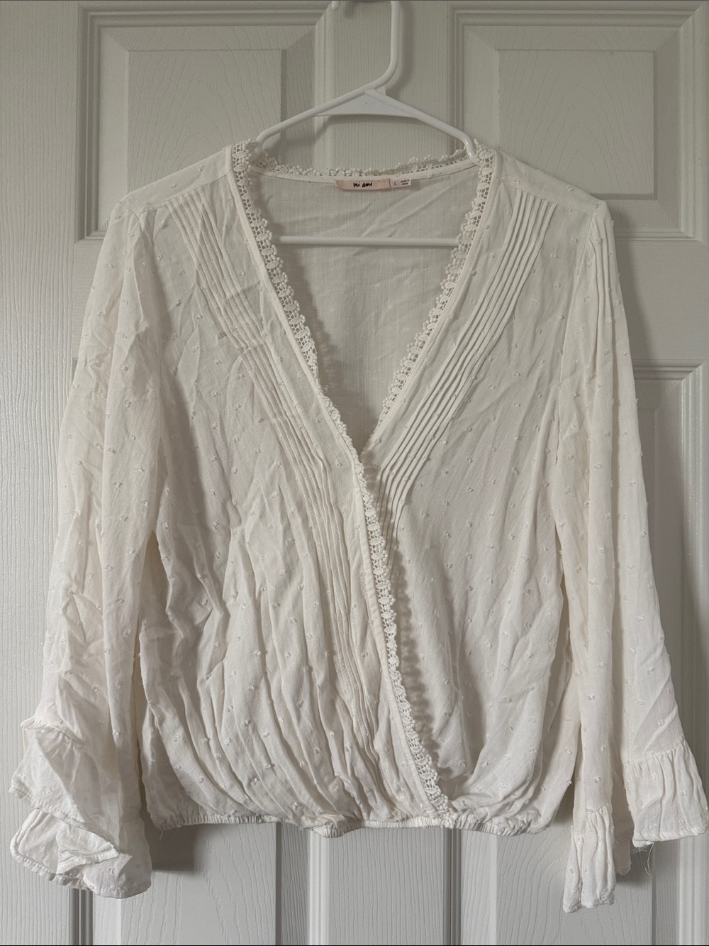 miami White V-Neck Pintuck Lace Trim Blouse